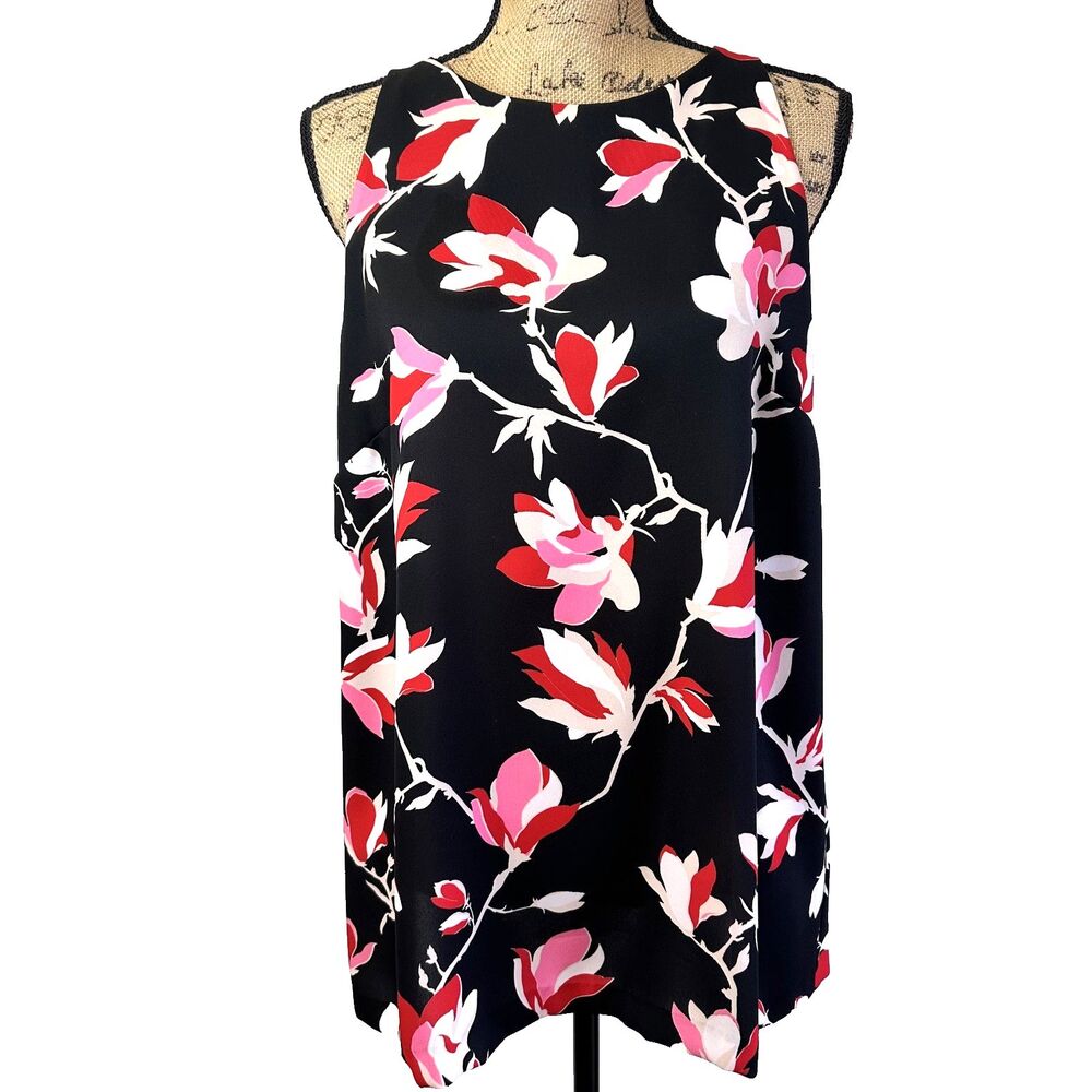 1-One Women's Black Floral Print Sleeveless A-Line Top Blouse Sz 10/46 Italy